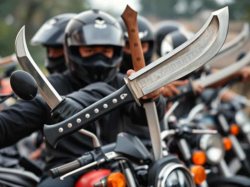 Anggota geng motor Bogor membawa senjata tajam saat berkonvoi Anggota geng motor Bogor membawa senjata tajam saat berkonvoi